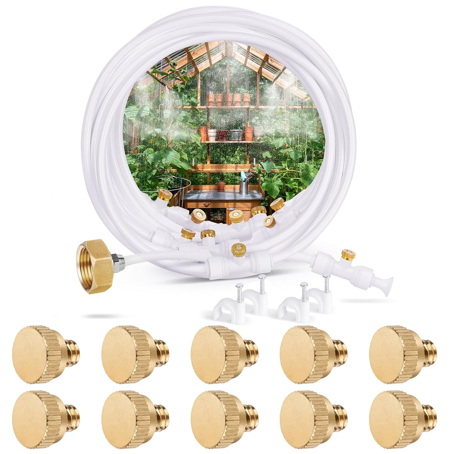 Misting Cooling System 59FT (18M) Misting Line + 16 Brass Mist Nozzles + Brass Adapter(3/4") and 10 Pack Brass Mist Nozzle Plug