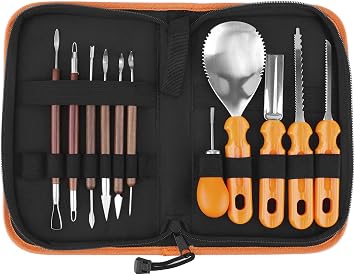 Elmchee Halloween Pumpkin Carving Tools Kit, Halloween Jack-O-Lanterns 11 Piece Professional pumpkin cutting supplies tools Kit stainless steel lengthening and thickening with Handbag