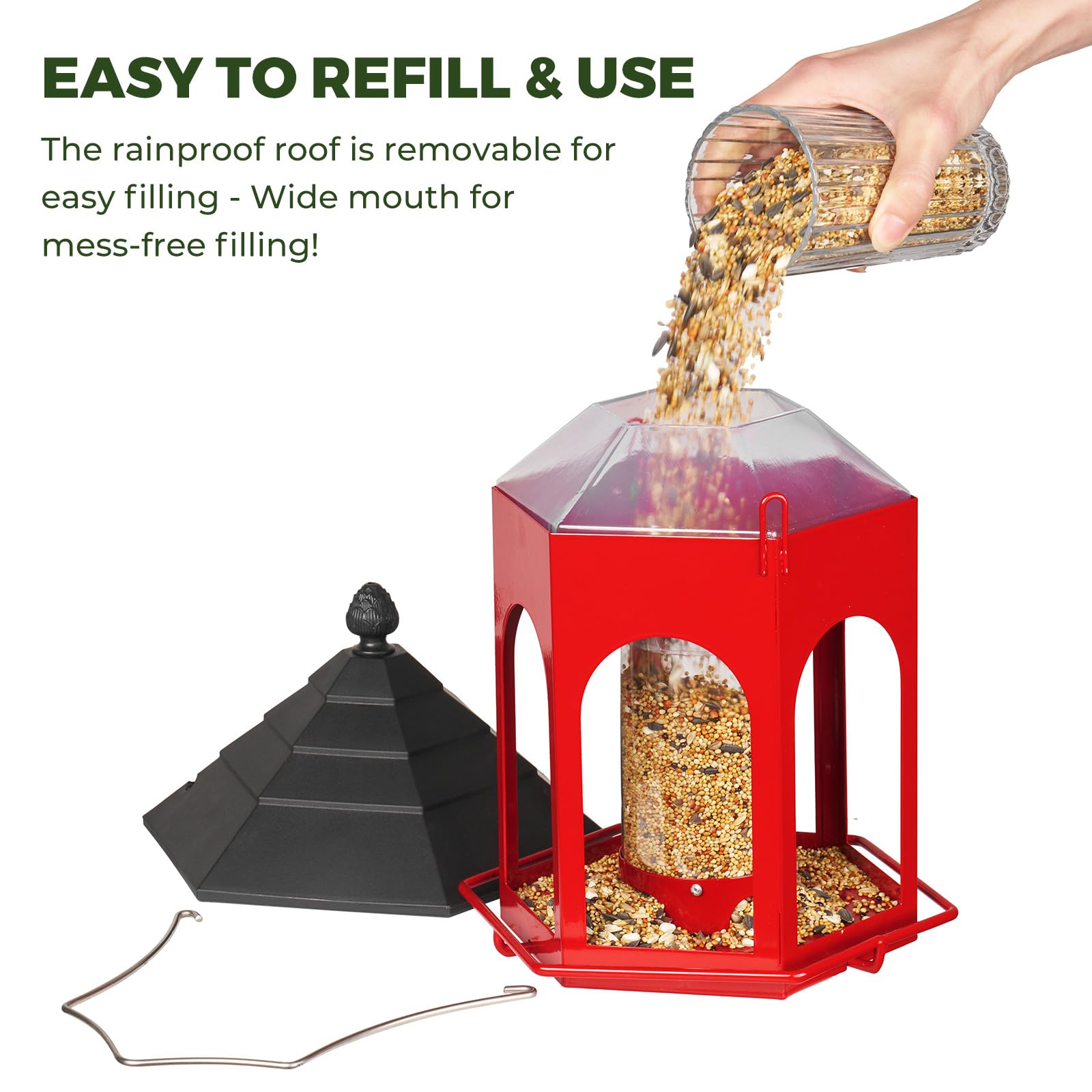 Kingsyard Comederos de metal para pájaros para colgar al aire libre, techo resistente a la intemperie, sin instalación y fácil de limpiar, gran capacidad de semillas de 2.6 libras, para jardín, pinzón