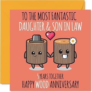 Cute Wooden Anniversary Card for Daughter & Son In Law - 5 Years Together - Happy 5th Wedding Anniversary Cards for Son In Law Daughter, 5.7 x 5.7 Inch Greeting Cards for Fifth Anniversaries