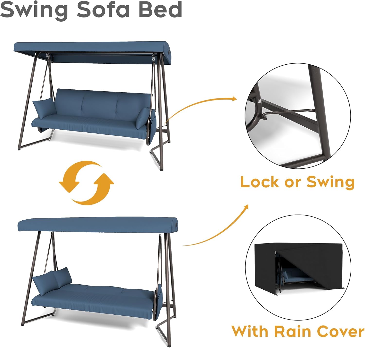 Porch Swing Sofa Bed with Stand and Canopy, Outdoor 3-Seat Bench Swing Heavy Duty, Patio Extra Large Swing Bed with Rain Cover