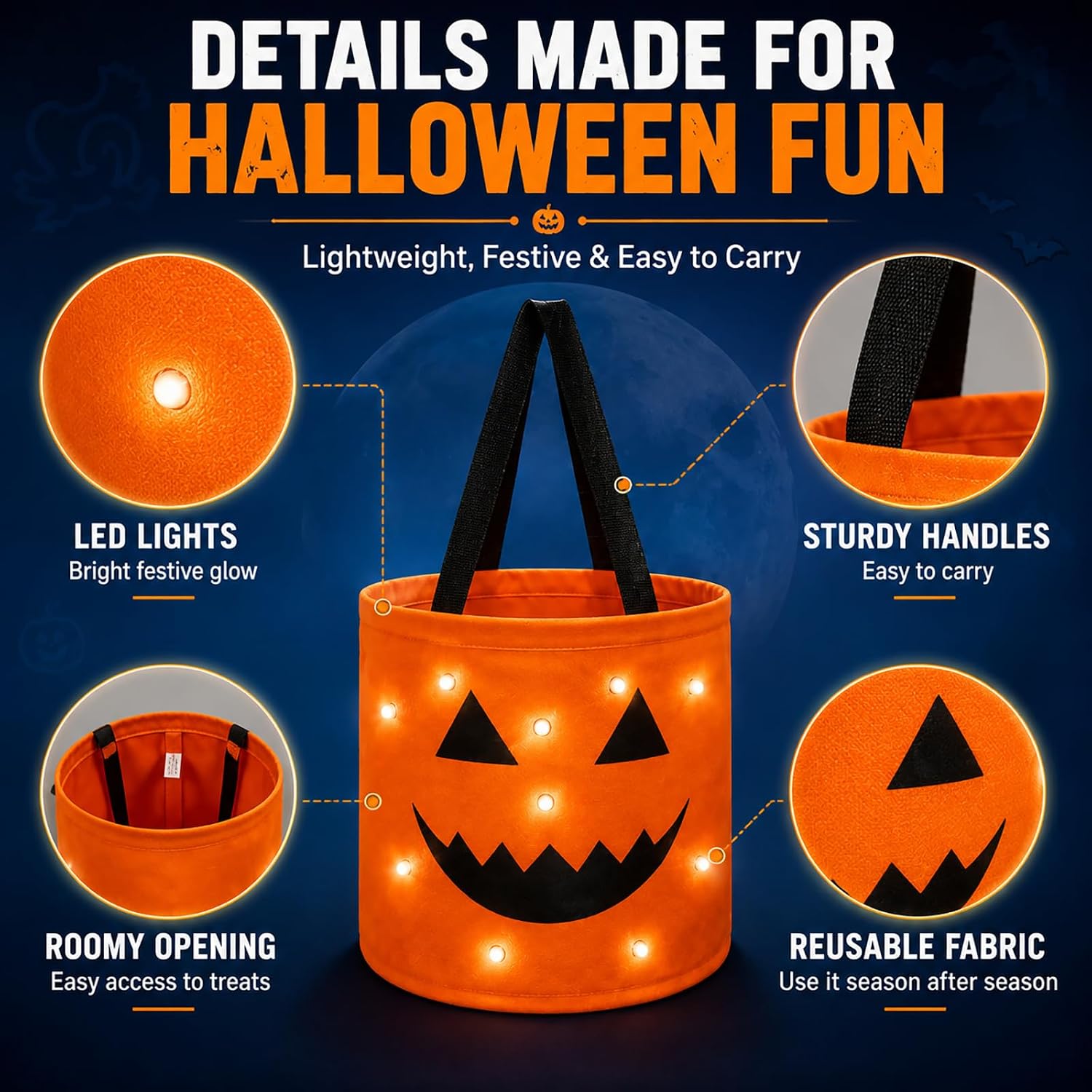 OGQZMKY 3 PCS Trick or Treat Bags Light up Halloween Buckets Glowing Ghost LED Candy Basket Reusable Pumpkin Tote Luminous Pouch Portable Kids Holder Indoor Outdoor Party Gift Storage Bag image 5