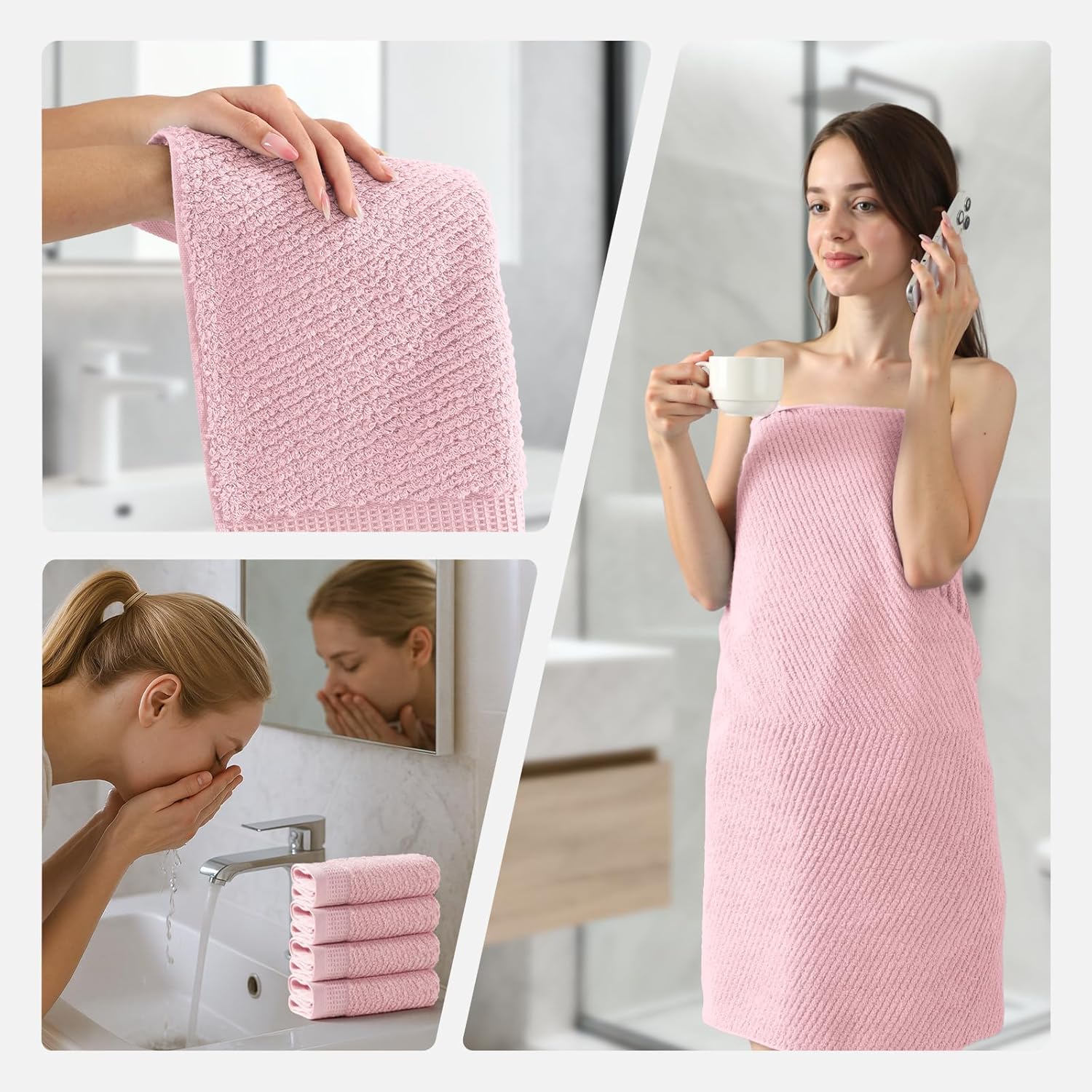REDKISS Luxury 8-Piece Pink Towel Set, 2 Bath Towels, 2 Hand Towels, 4 Washcloths, 100% Cotton, Quick Dry, Highly Absorbent Towels for Bathroom, Gym, Hotel, Spa - Image 7