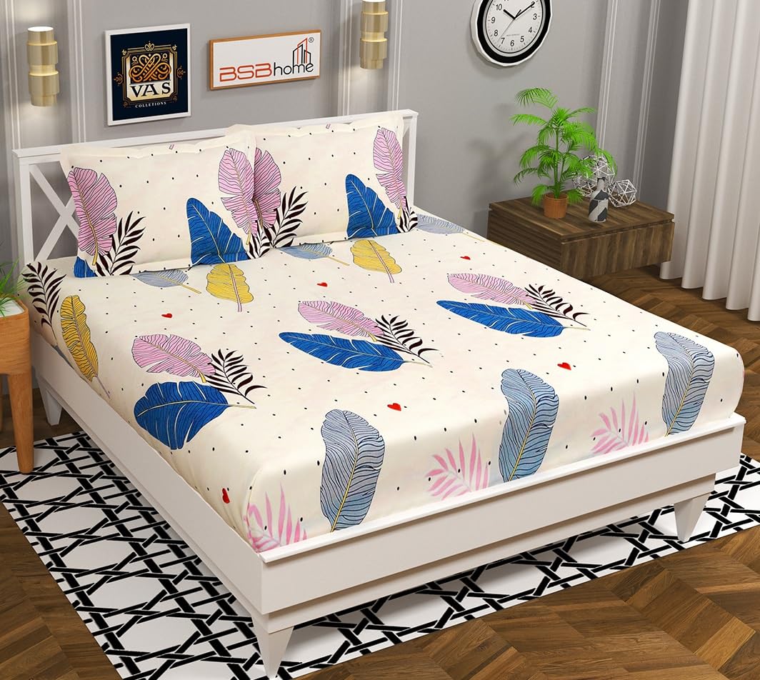 VAS COLLECTIONS Premium 3D Printed 144 TC Microfiber Double Bedsheet with 2 King Size Pillow Covers (90X90 Inches) Floral White, Blue & Grey