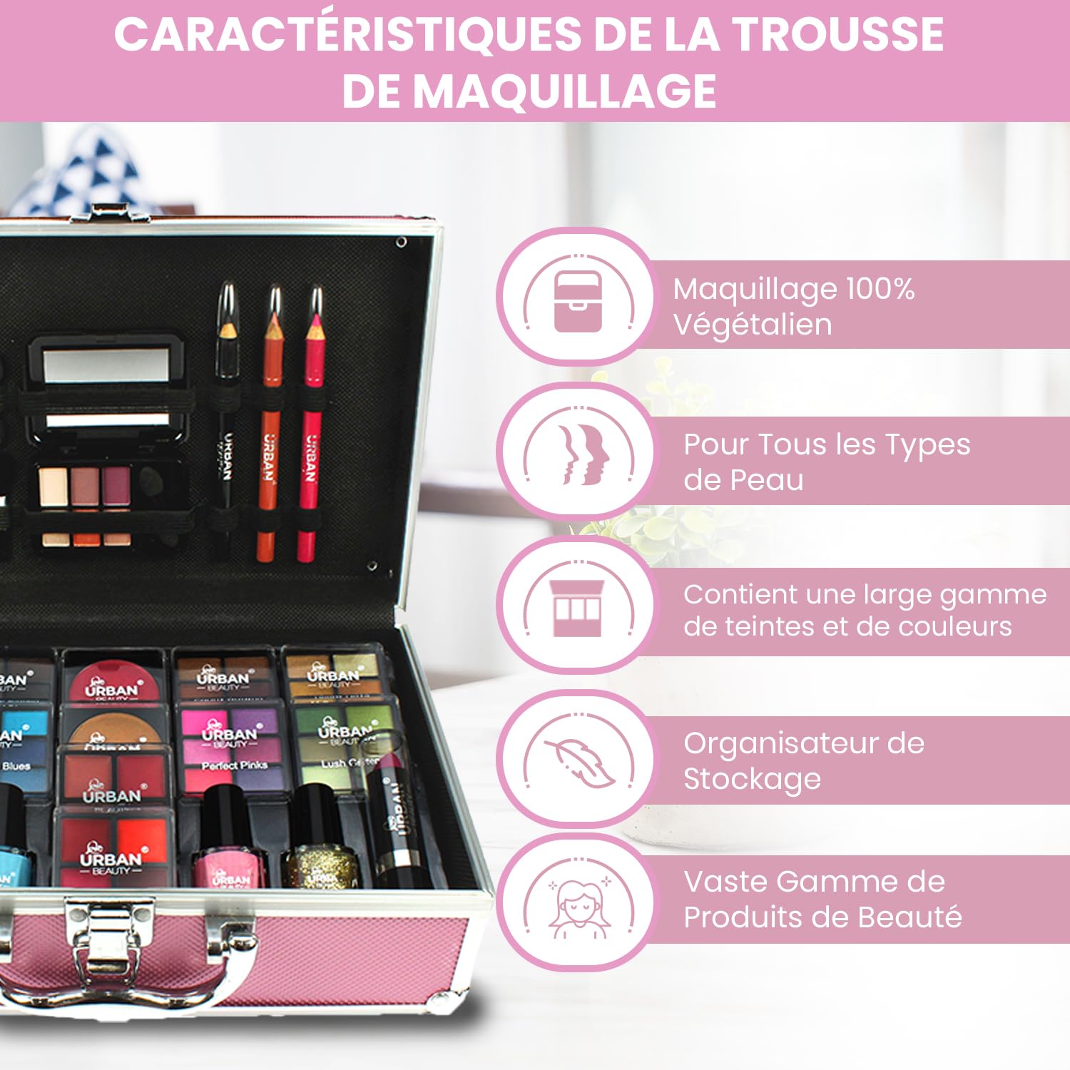 LOVE URBAN BEAUTY Végétalien Trousse maquillage rose vif - Kit maquillage 82 pièces adolescentes et femmes avec ombres à paupières, fards, rouges à lèvres et produits pour les ongles