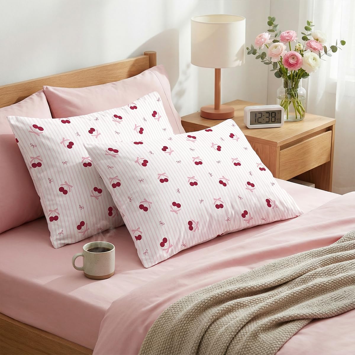 Comforter Set Full Pink Striped Bedding Set for Girls Kids, Cute Red Cherry Bow Stripes Design, Coquette Pink Comforter with 2 Pillowcases, 3 Pieces