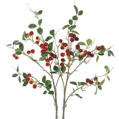 2 Pcs Faux Berry Stems Realistic Red Raspberry Berries Flowers