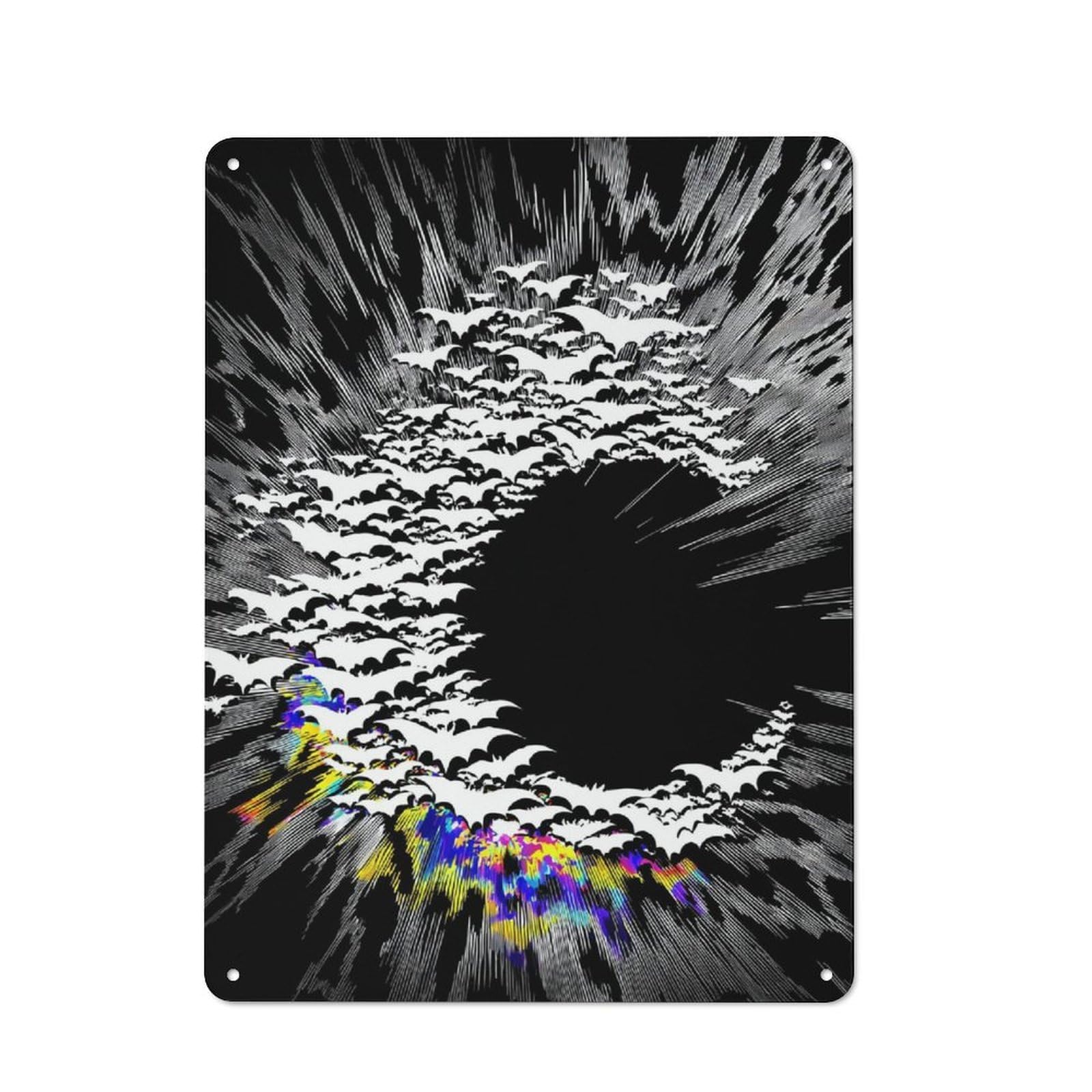 Junmoney Whirling Bat Swarm In Black And White Metal Wall Plaque With Design 40X30cm, Retro Small Space Decor For Flat, Dorm Room, Lounge Or Cafe