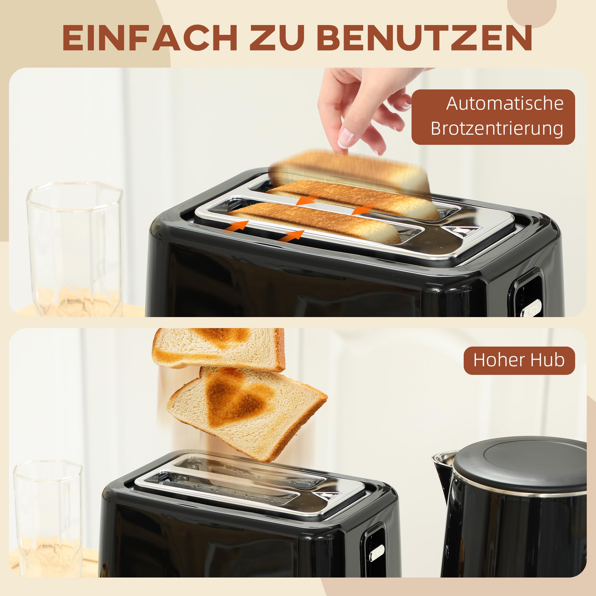 HOMCOM Wasserkocher Toaster Set Edelstahl 1,5L 2200W 2 Scheiben 7 Bräunungsstufen Schwarz