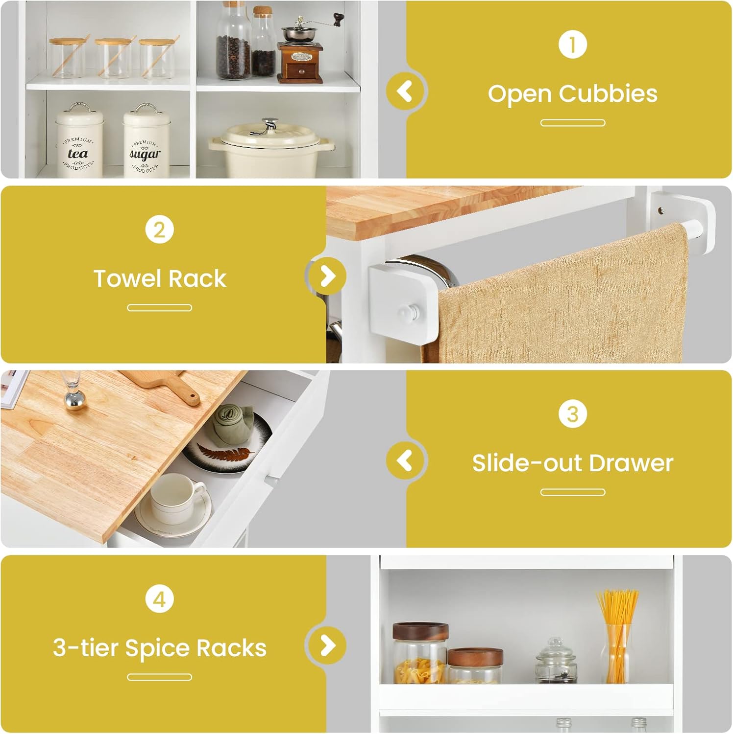 Giantex Kitchen Island Cart on Wheels, Rolling Island Table with Rubber Wood Top, Drawer, 3 Tier Spice Rack, 8 Storage Shelf & Cube, Serving Cart for Dining Room Bar, 46"x23.5"x39" White