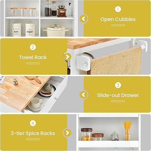 Miniatura 4 de Isla de cocina blanca, carrito de almacenamiento rodante con parte superior de madera de goma, cajón, estantes abiertos y toallero, carritos de