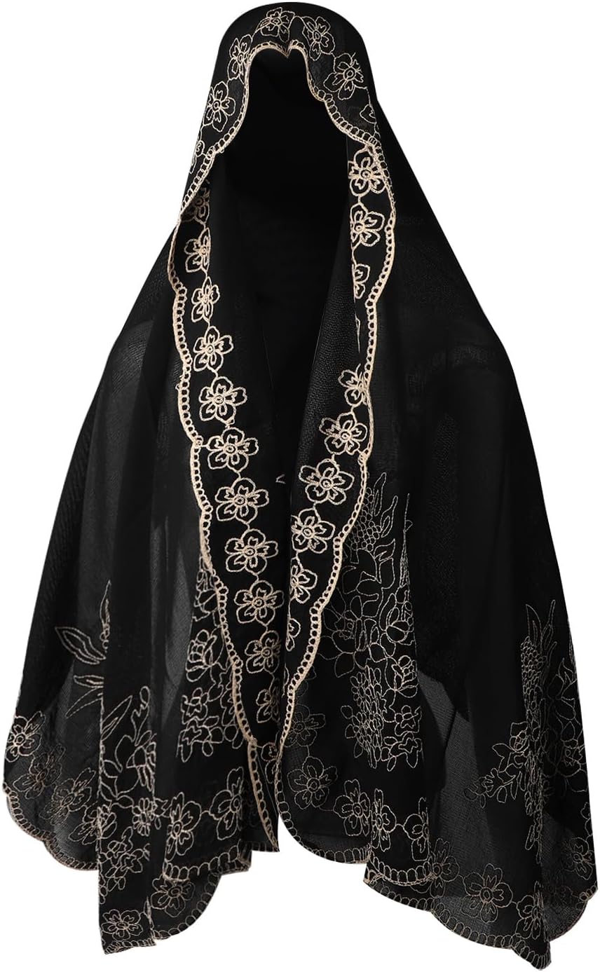 BXT Women Floral Embroidery Hijab Scarf Lightweight Sheer Muslim Head Wrap Retro Long Turban Shawl Elegant Printed Head Cover