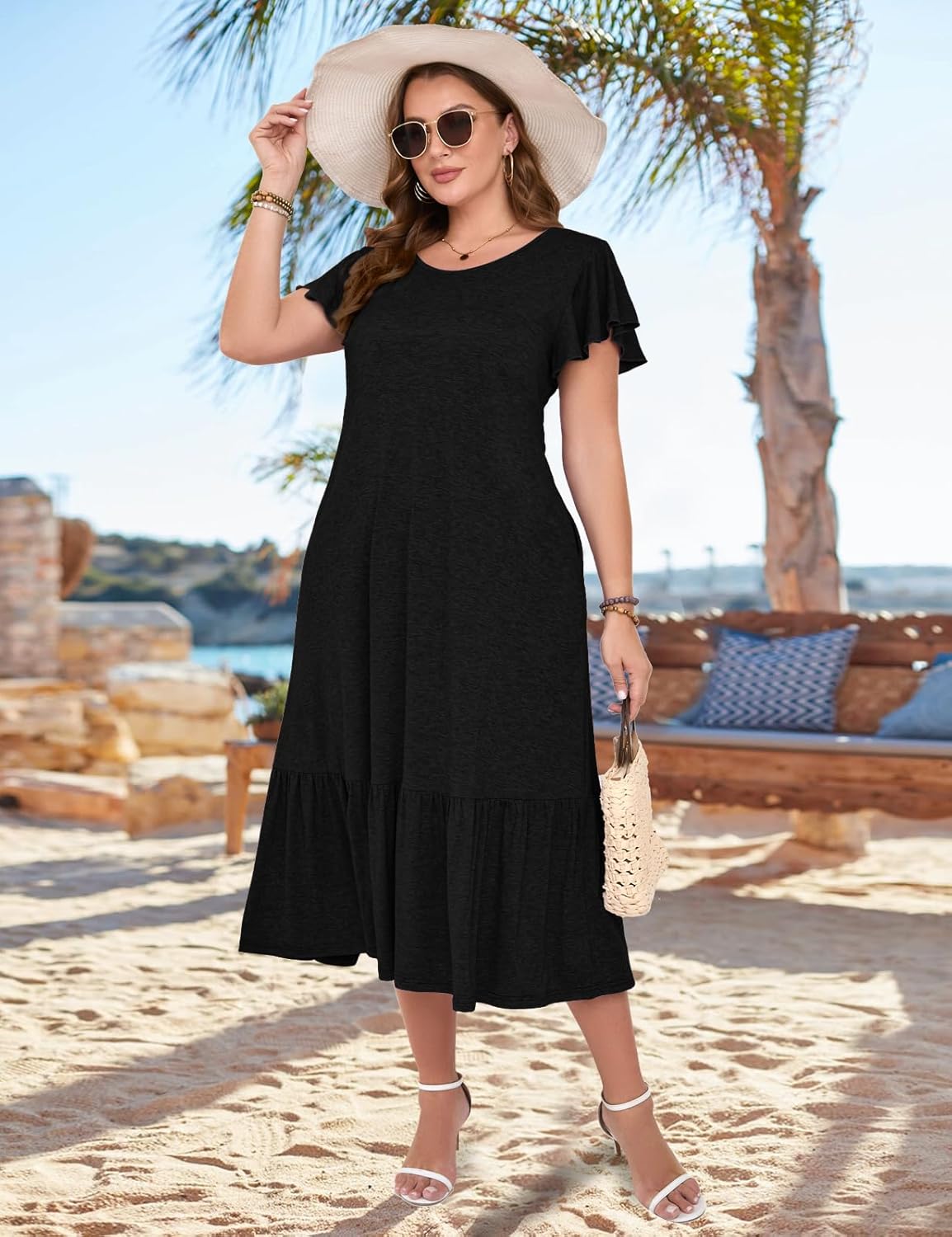 MONNURO Women Summer Causal Ruffle Short Sleeve T Shirt Maxi Beach Long Dress with Pockets - Image 5