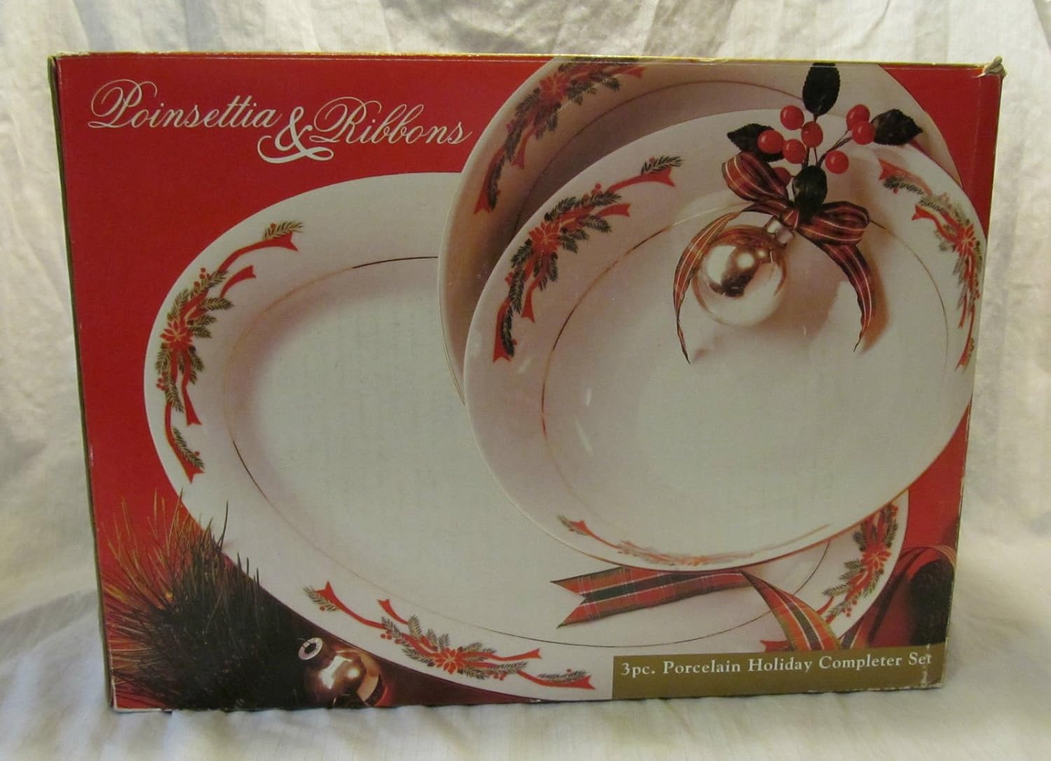 Vintage Poinsettia & Ribbons 3 Piece China Completer Set