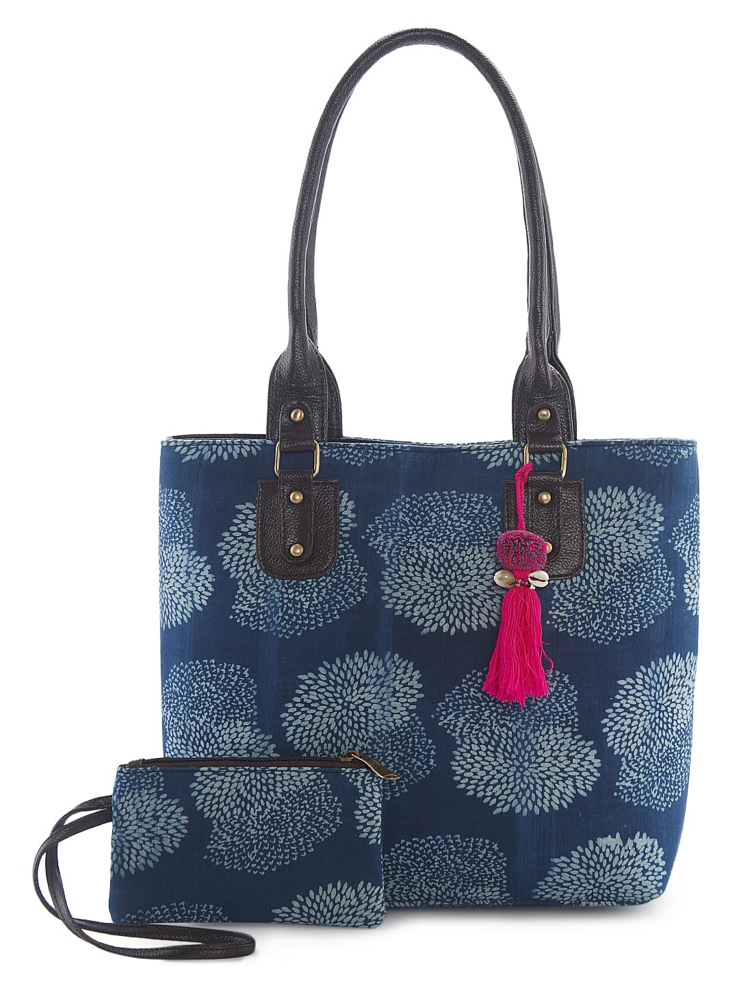 NEPRI Vegan Leather Handmade Bag For Women | Pouch Tote Bag | Printed Ajrakh - Cactus Indigo | Set Of 2 (B0BZW7R8K4) Amazon Price History, Amazon Price Tracker