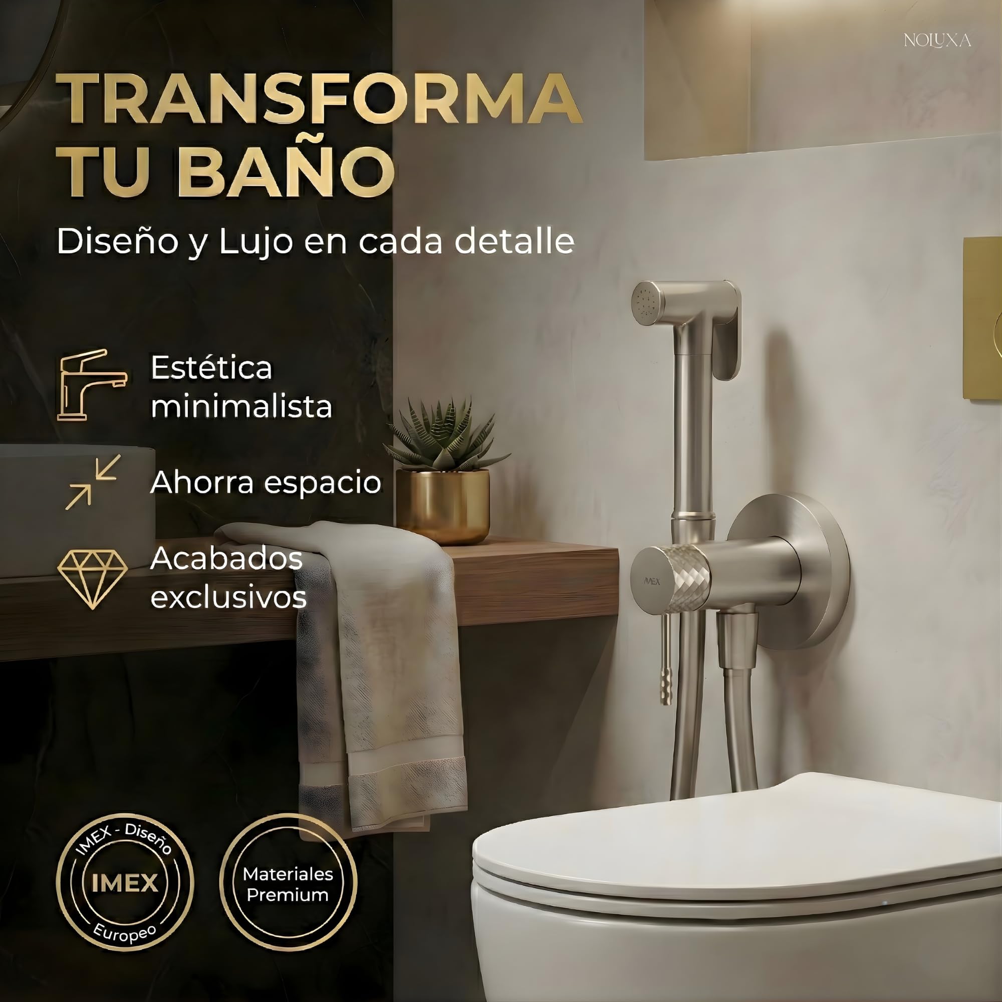 IMEX - Ducha Bidet Agua Fría y Caliente Color Níquel Cepillado | Grifo Bidet Empotrado para WC | Ducha Higiénica Monomando para Inodoro | Grifería Sustituto de Bidé | Serie Génova