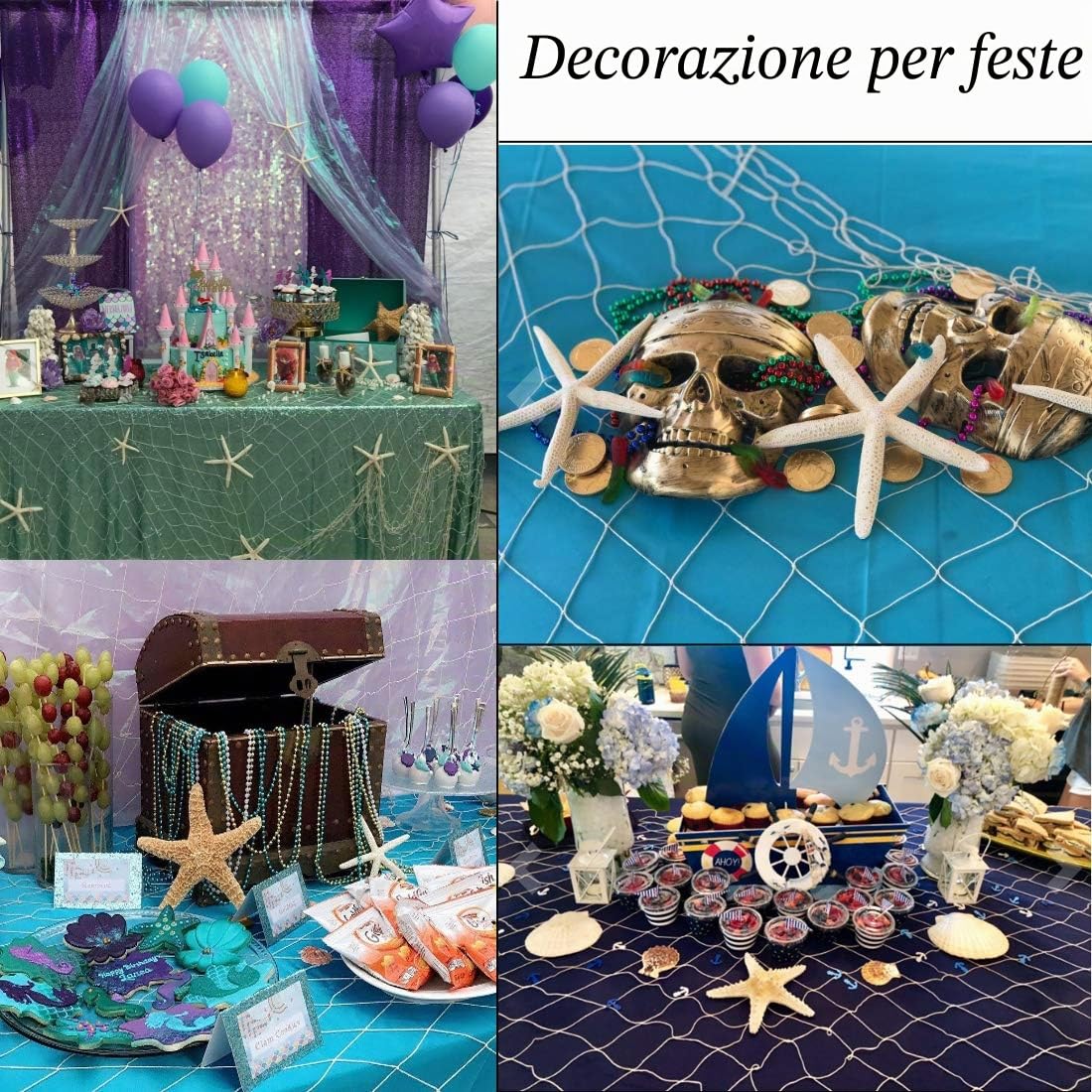Natura rete da pesca decorazione murale fotografica con conchiglie di mare e 10 pezzi stelle marine naturali. Rete a tema oceanico festa in spiaggia (Blu)