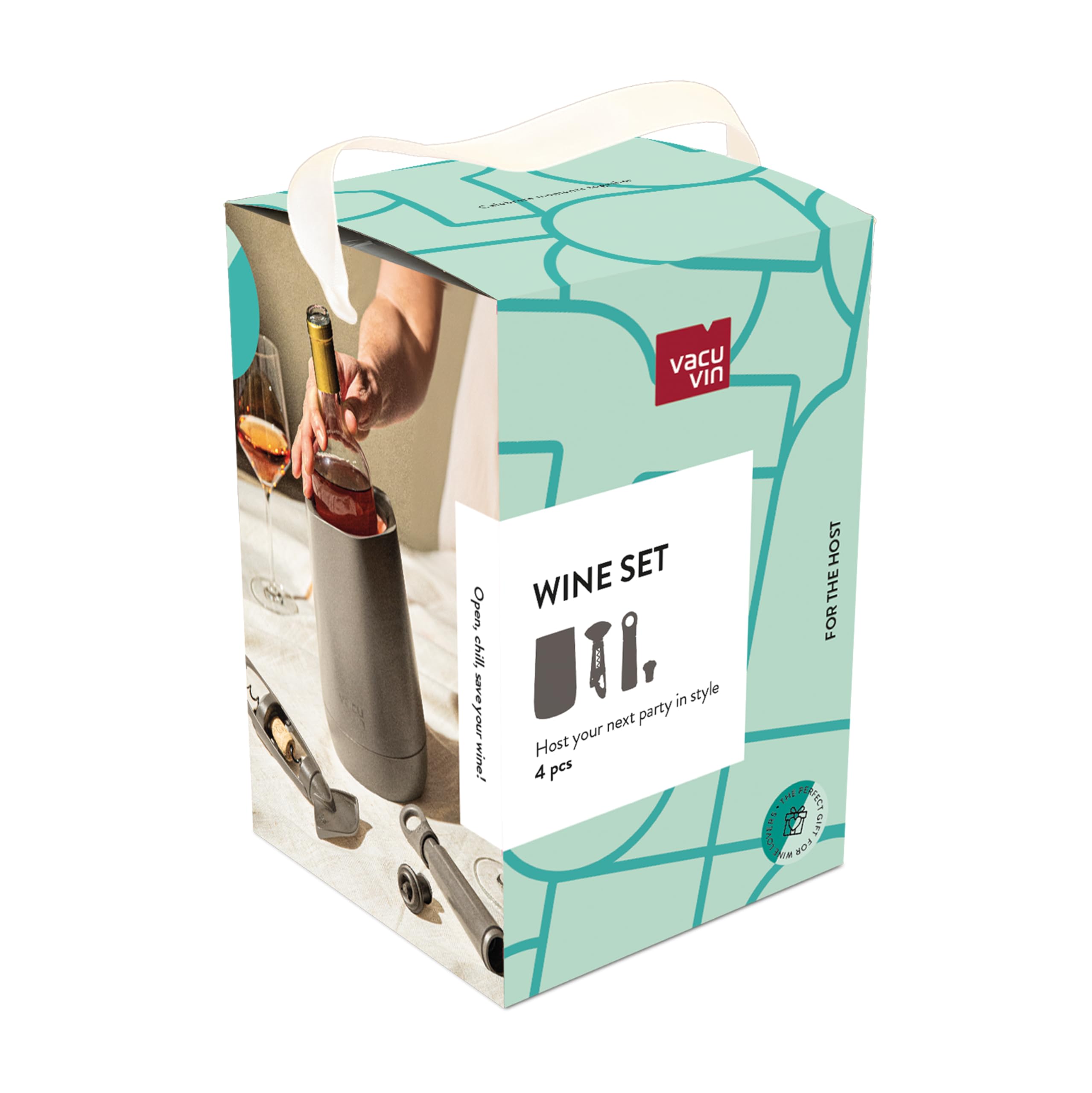 Vacu Vin Host Weinset - Graphit (4-teilig) - Geschenkwürdiges Weinzubehör-Set mit Kühler, Vakuumschoner, Twister-Korkenzieher & tropffreiem Servierteller - Hergestellt aus recyceltem Material