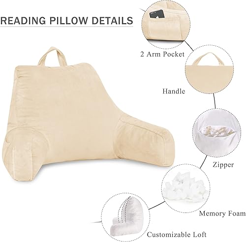 Miniatura 3 de downluxe Almohada de lectura con brazos, almohada de espalda para sentarse en la cama, almohada para adultos con espuma viscoelástica triturada y