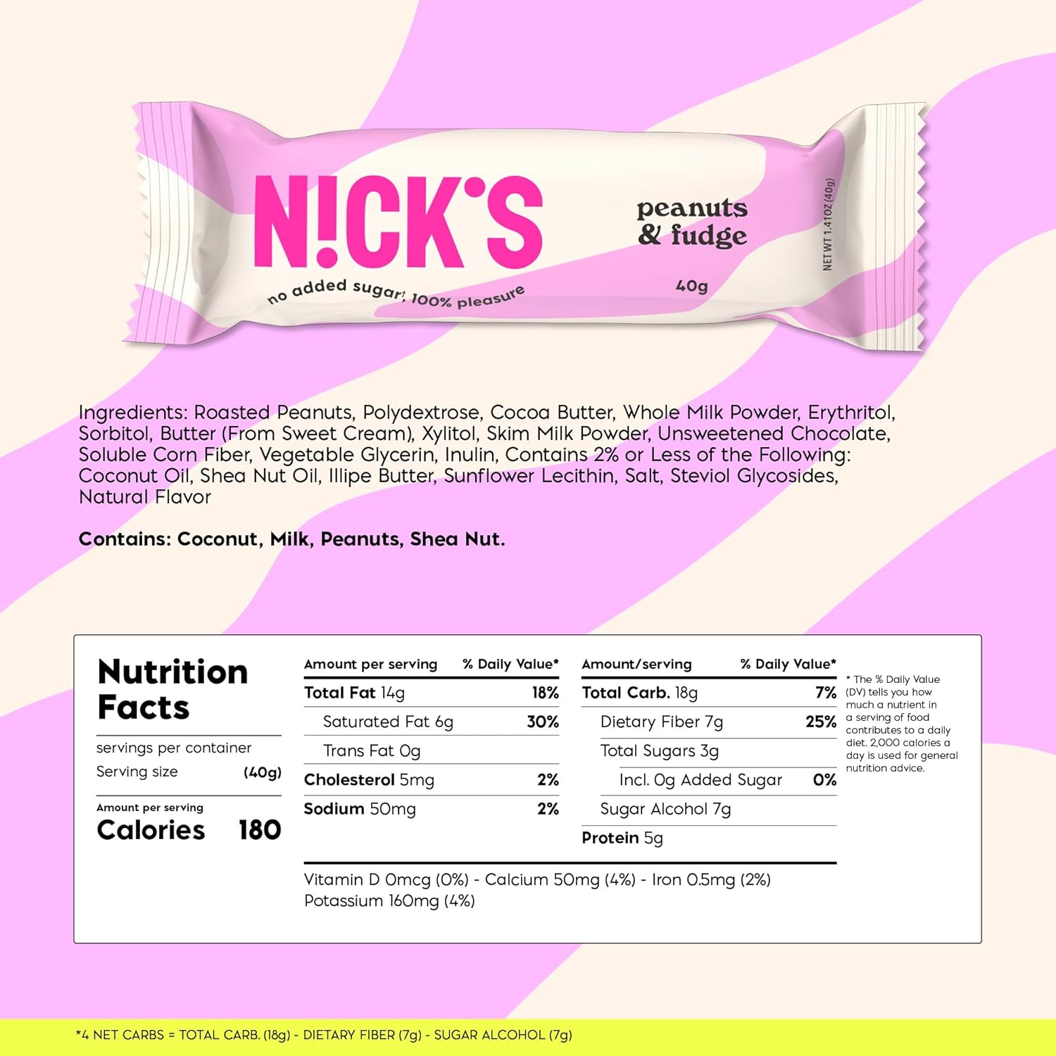 NICKS Peanuts & Fudge Keto Chocolate Bars No Added Sugar 180 Calories, 4 Net carbs, Gluten Free Sweets Low carb Candy Snack Bar – 15-Pack (40g Each)