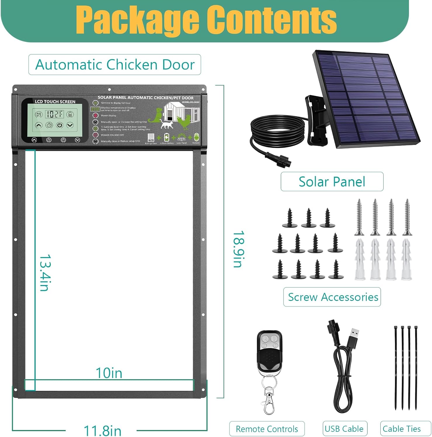 Diagram showing all components included in the XRDZYXGS Automatic Chicken Coop Door package