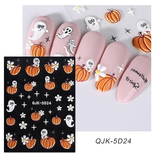 Miniatura 6 de JMEOWIO Calcomanías adhesivas para arte de uñas de Halloween en relieve 3D, calcomanías autoadhesivas 5D, diseño de calabaza, fantasma, flor,