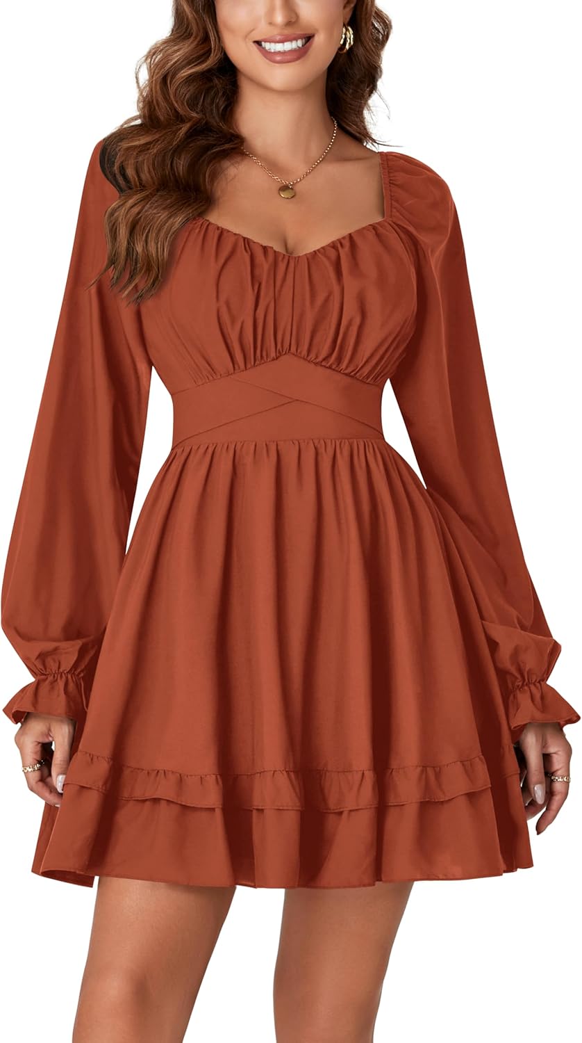 KIFOVEN Women's Lantern Long Sleeve Smocked Wrap Tiered Ruffle Flowy A Line Short Mini Dress - Image 2