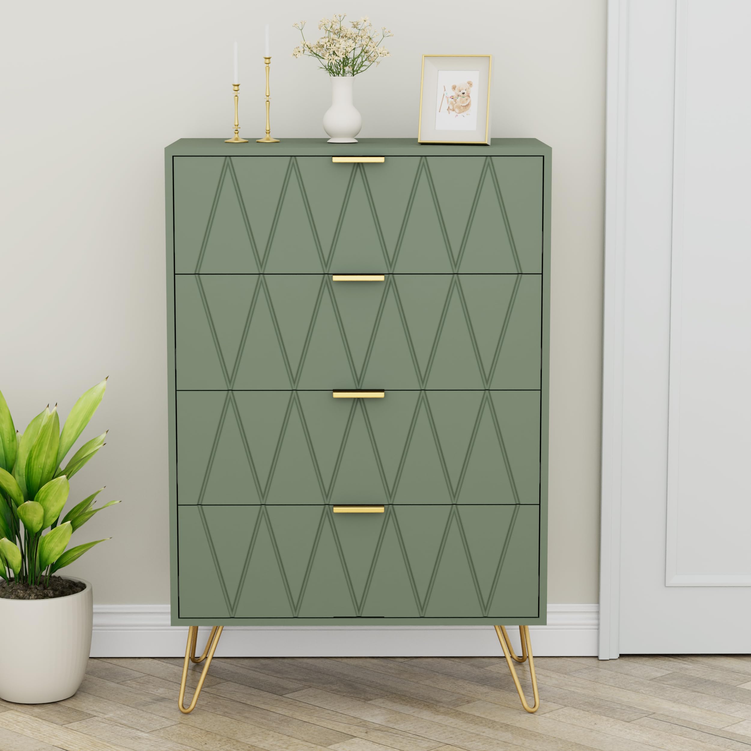 UEV 4 Drawer Chest of Drawers, Geometric Design Wide Bedroom Dresser Cabinet with Gold Metal Legs, Wooden Storage Unit for Bedroom Living Room Hallway, Space Saving Organiser Furniture, Grey Green