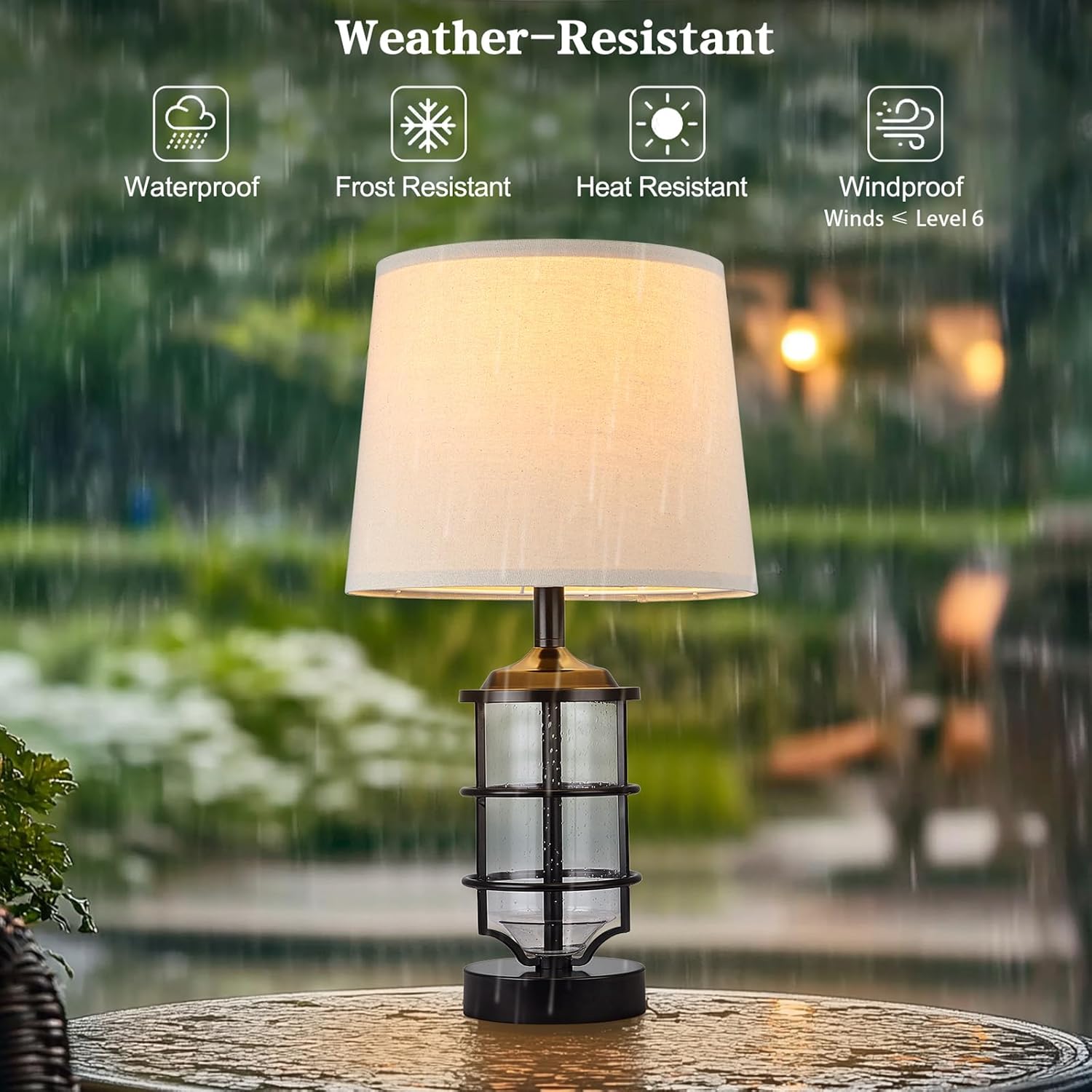 Outdoor Table Lamp, Farmhouse Lamp for Patio Table Decor with Cord, Rustic Table Light with Seeded Glass, 23.5" Plug-in Outdoor Lamps for Patio Waterproof, LED Bulb Included (Black)