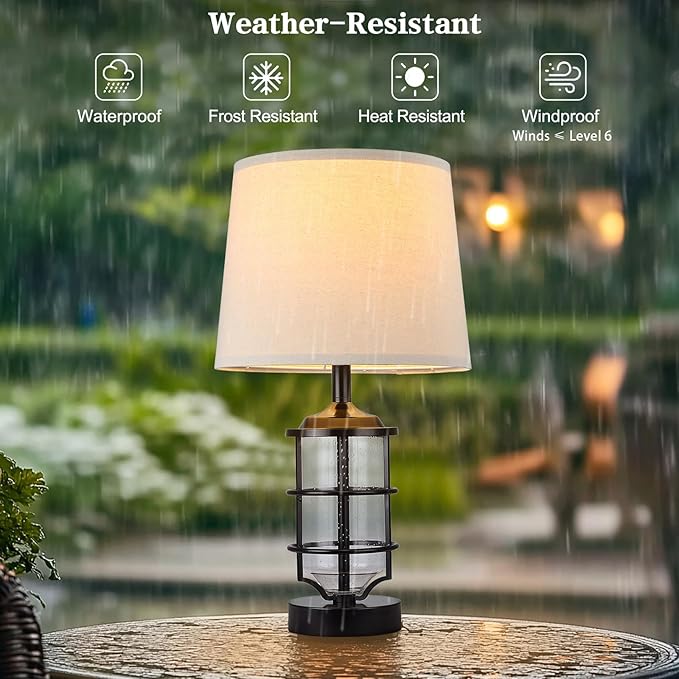 Hapcrea Outdoor Table Lamp, Farmhouse Lamp for Patio Table Decor with Cord, Rustic Table Light with Seeded Glass, 23.5" Plug-in Outdoor Lamps for Patio Waterproof, LED Bulb Included (Black) photo 3
