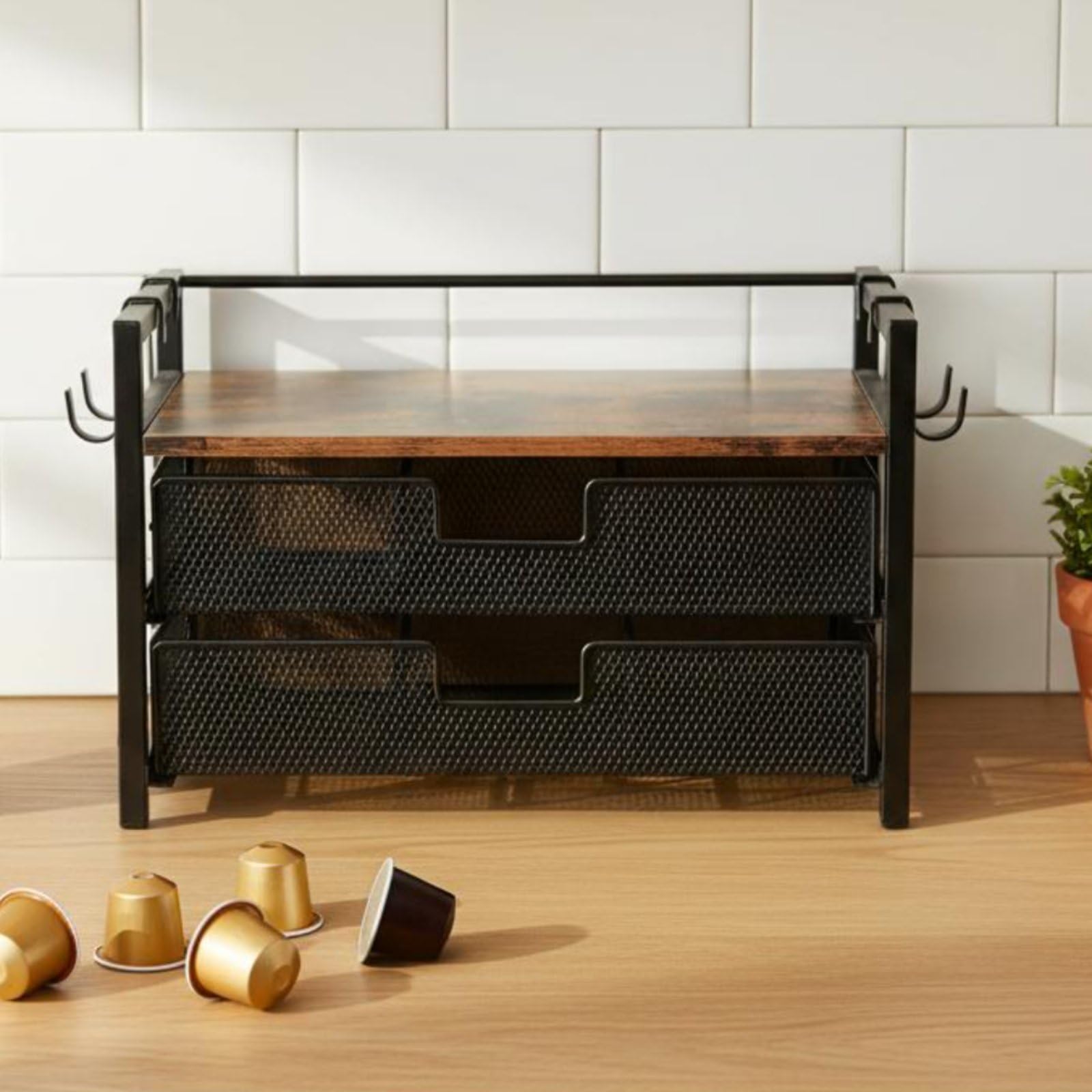 Portacapsule Caffè Doppio Strato Salvaspazio Organizzatore Capsule Caffè in Griglia Scorrevole da Organizzare Supporto in Legno Rustico per Cucina