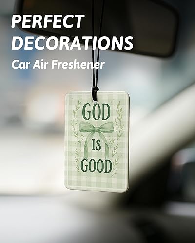 Miniatura 3 de Ambientador de aire para automóvil cristiano con lazo floral verde retro, 4 piezas, ambientador colgante religioso femenino para autos, armario,