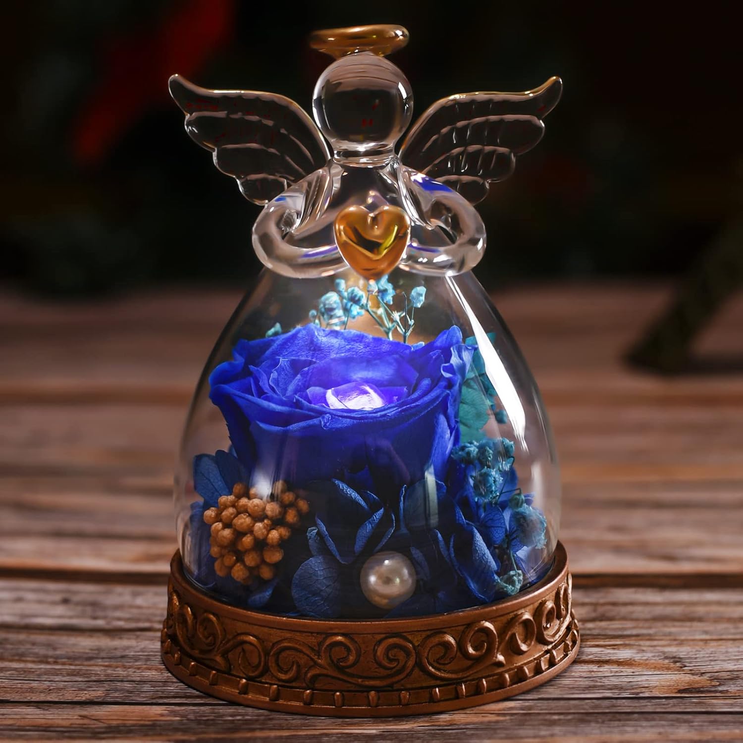 Preserved Real Rose in Glass Angel Figurine with LED Light, Angel Gifts for Women, Mom, Grandma on Mother's Day Christmas Birthday (Navy)