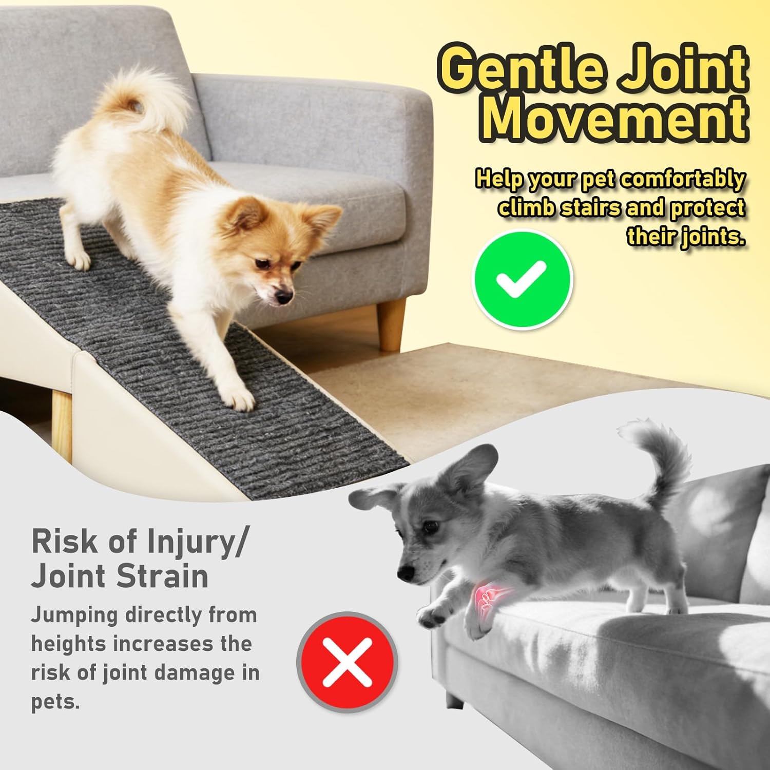 Split Ottoman Dog Ramp for Couch & Bed, 2-in-1 Foldable Dog Stairs with Non-Slip Surface, Solid Wood Pet Ramp for Small & Senior Dogs, Gentle 23° Incline, Modern Furniture Style