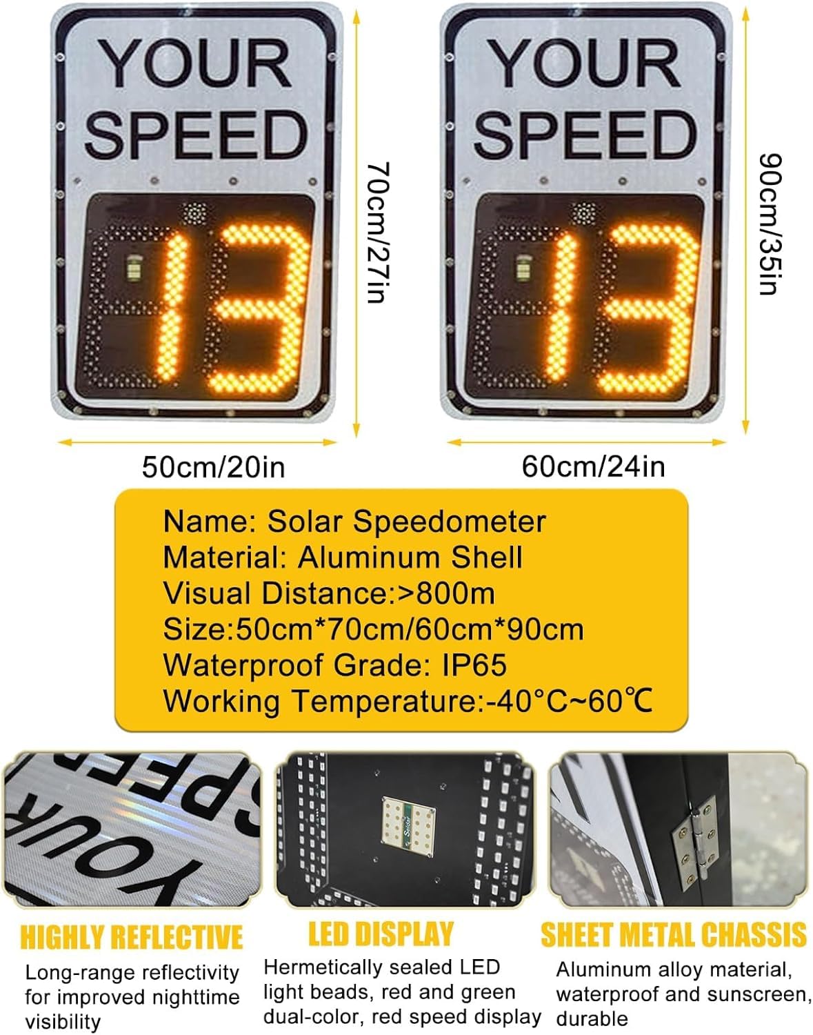 Panneaux De Limitation De Vitesse À Del Clignotants À Énergie Solaire Améliorés Yellow 60X75cm