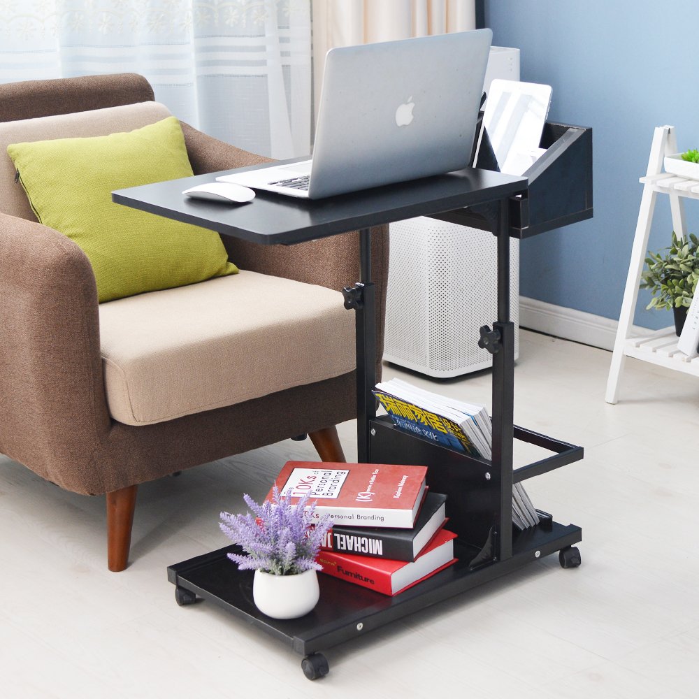 soges Beistelltisch Pflegetisch Hochverstellbarer Computertisch Laptoptisch PC Notebook Tisch Laptopständer Notebookständer mit Rollen und Stauraum für kleinen Artikeln,Schwarz