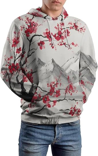 Unisex Japanese Cherry Blossoms Hoodies Women Men Ink Sakura Floral Paint Long Sleeve Pullover Sweatshirt