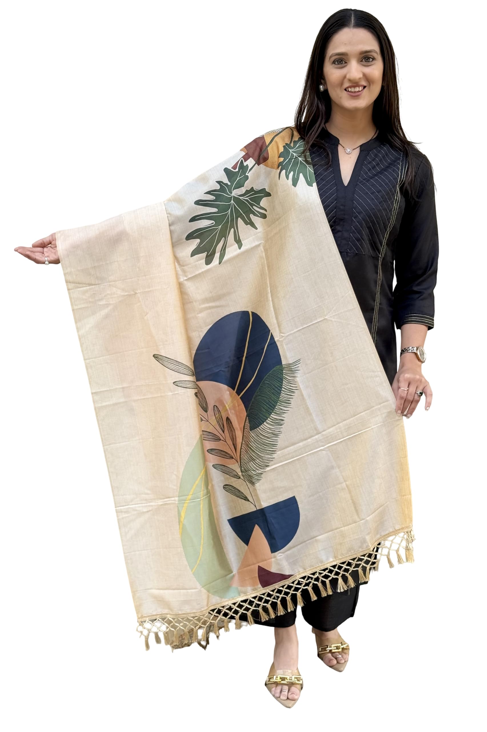 Cream Abstract Leaf Print Dupatta with Tassel Border | Soft Contemporary Ethnic Dupatta for Women-image-25