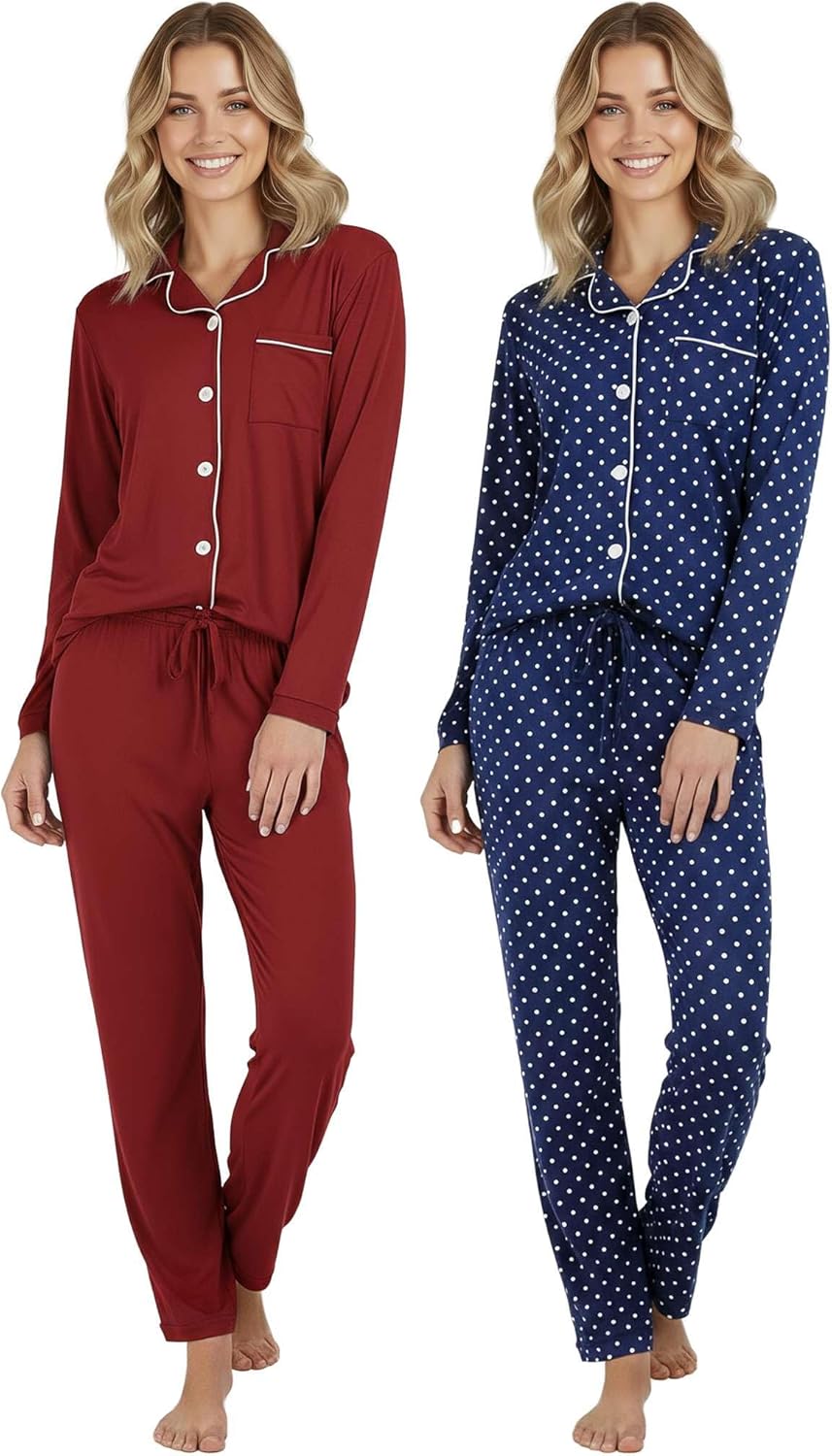 Real Essentials 2 Pack: Women's Soft Pajama Set | Button Down Top and Lounge Sleep PJ Pants | Matching Sleepwear (Plus Size)