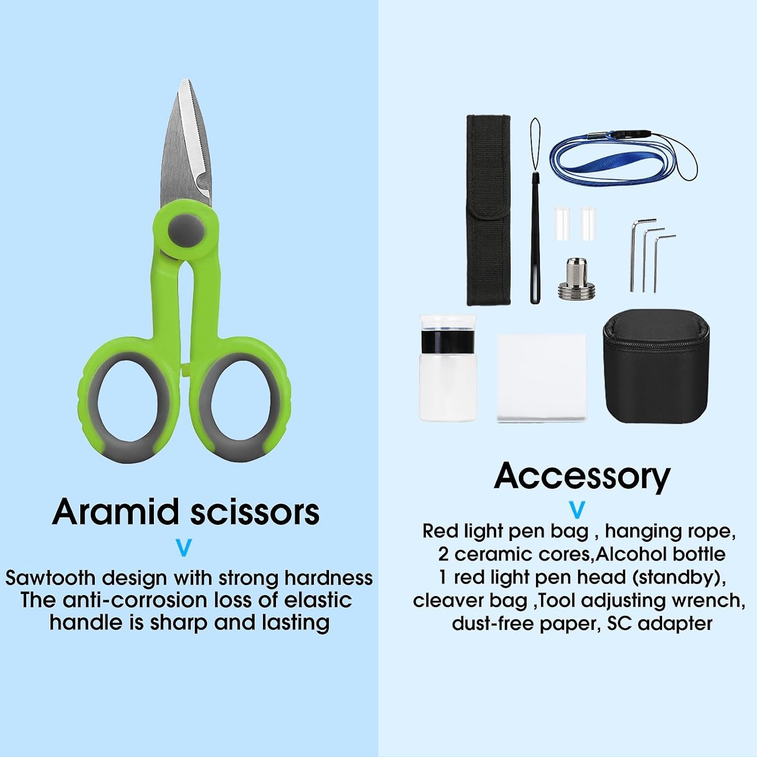 Fiber Optic Termination Tool Kit 10-in-1 Equipped with A-D7 Optical Power Meter (-70 - +10 dBm), FC-6S Fiber Cleaver and Wire Stripping Pliers, Aramid Scissors, Fiber Optic Tool Kit