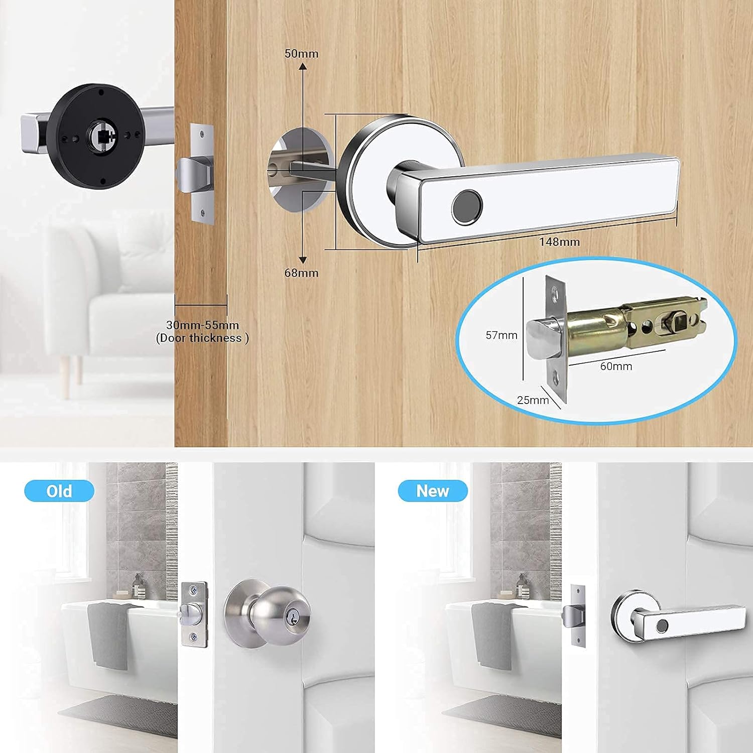 New Deal Tiffane Keyless Entry Door Lock, Smart Lock, Biometric Fingerprint Door Lock, Smart Lever Door Lock, Smart Door Handle, Bluetooth Wifi Door Lock, Digital Door Lock with Key for Smart Home(White)
