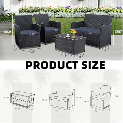 Miniatura 3 de Muebles de patio al aire libre, juego de sofá seccional de 4 piezas, muebles de balcón, sillas de mimbre de ratán con mesa y sofá biplaza para