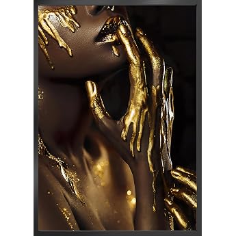 STYLER Gold Drip Picture 50 x 70 cm with Black Wooden Frame - Golden Detail Portrait of Women - Dark Opulence Wall Picture - Glamour Modern Classic Decoration
