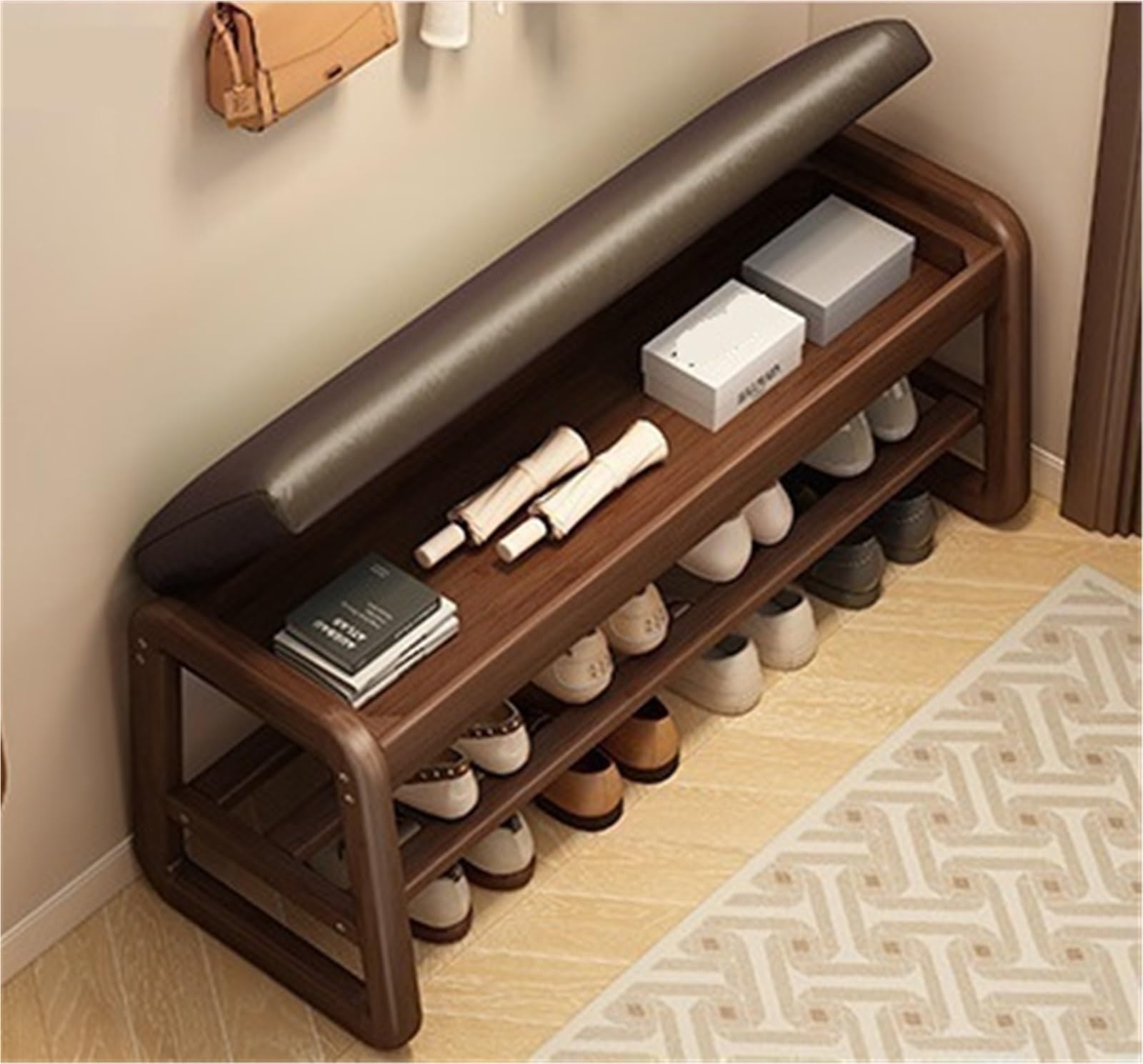 Banc d'entrée avec étagère à chaussures et coffre de rangement en cuir gris
