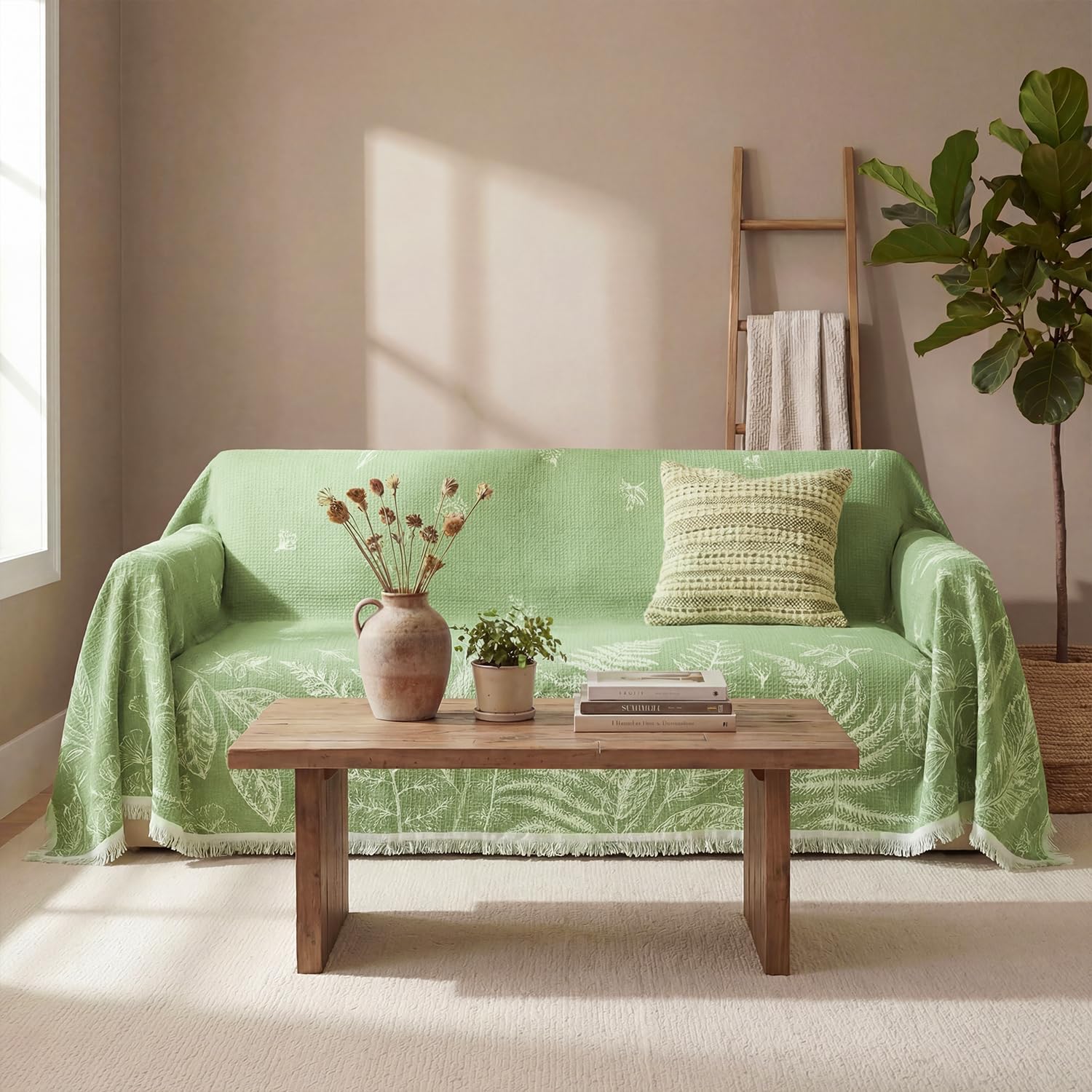 Horaldaily Spring Summer Waffle Couch Sofa Slip Cover, Green Plants Wild Fern Non Slip Washable Couch Sofa Cover for 2 Cushion Pet Friendly, Sectional L Shape Covers for Dogs, Kids,71"x118"