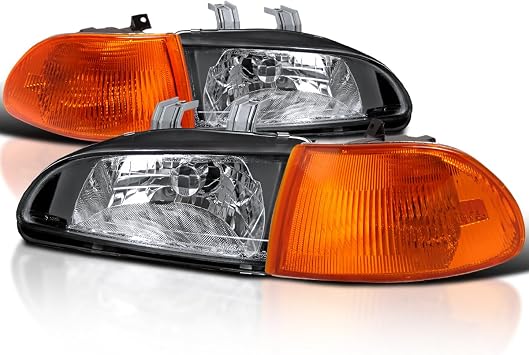 SPEC-D TUNING Black Headlights + Amber Corner Lights Compatible with 1992-1995 Honda Civic EG 4Dr Sedan L+R Pair Head Light Lamp Assembly