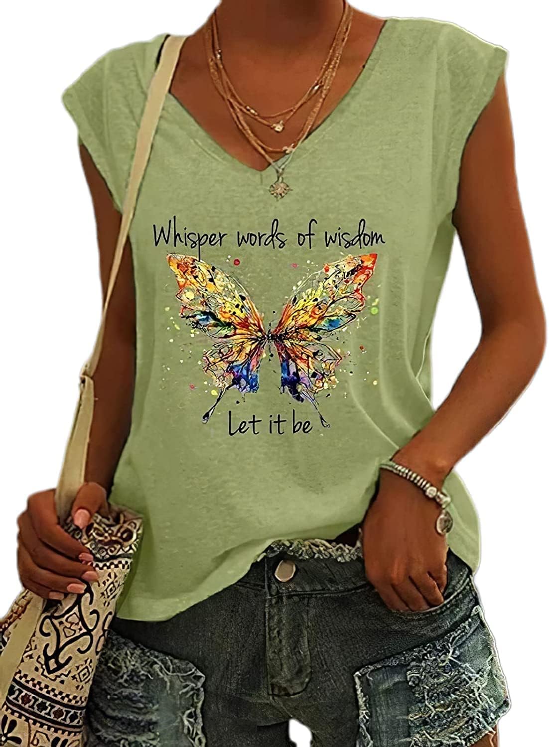 Heloto Womens Whisper Words of Wisdom Let-It Be Tshirt Butterfly Graphic with Funny Sayings V-Neck T-Shirt for Women, Green, XXL