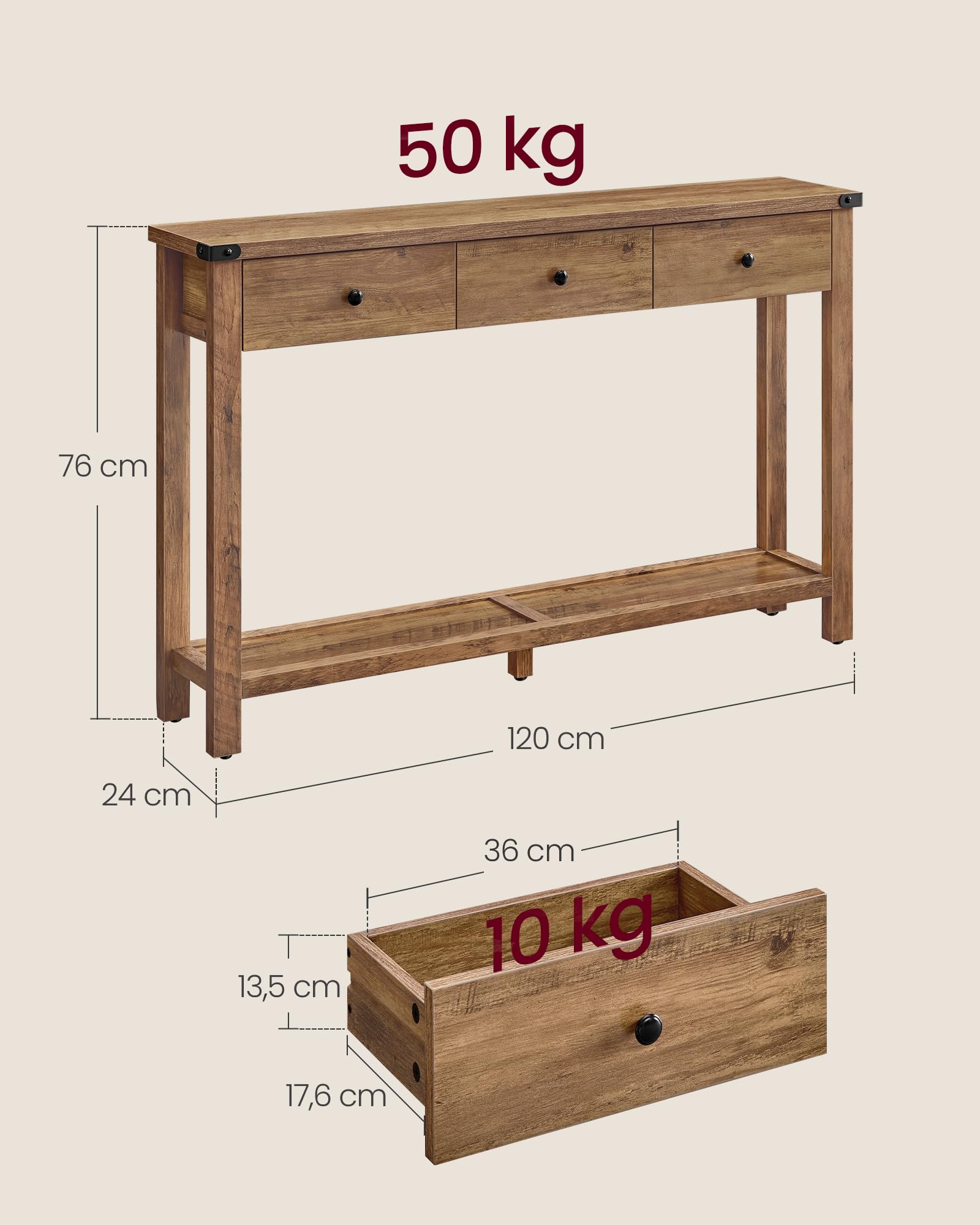 VASAGLE LIRY Collection - Table Console, Table d'Entrée avec 3 Tiroirs et Étagère de Rangement, pour Entrée, Salon, Style Campagnard, Marron Miel LNT142KB01