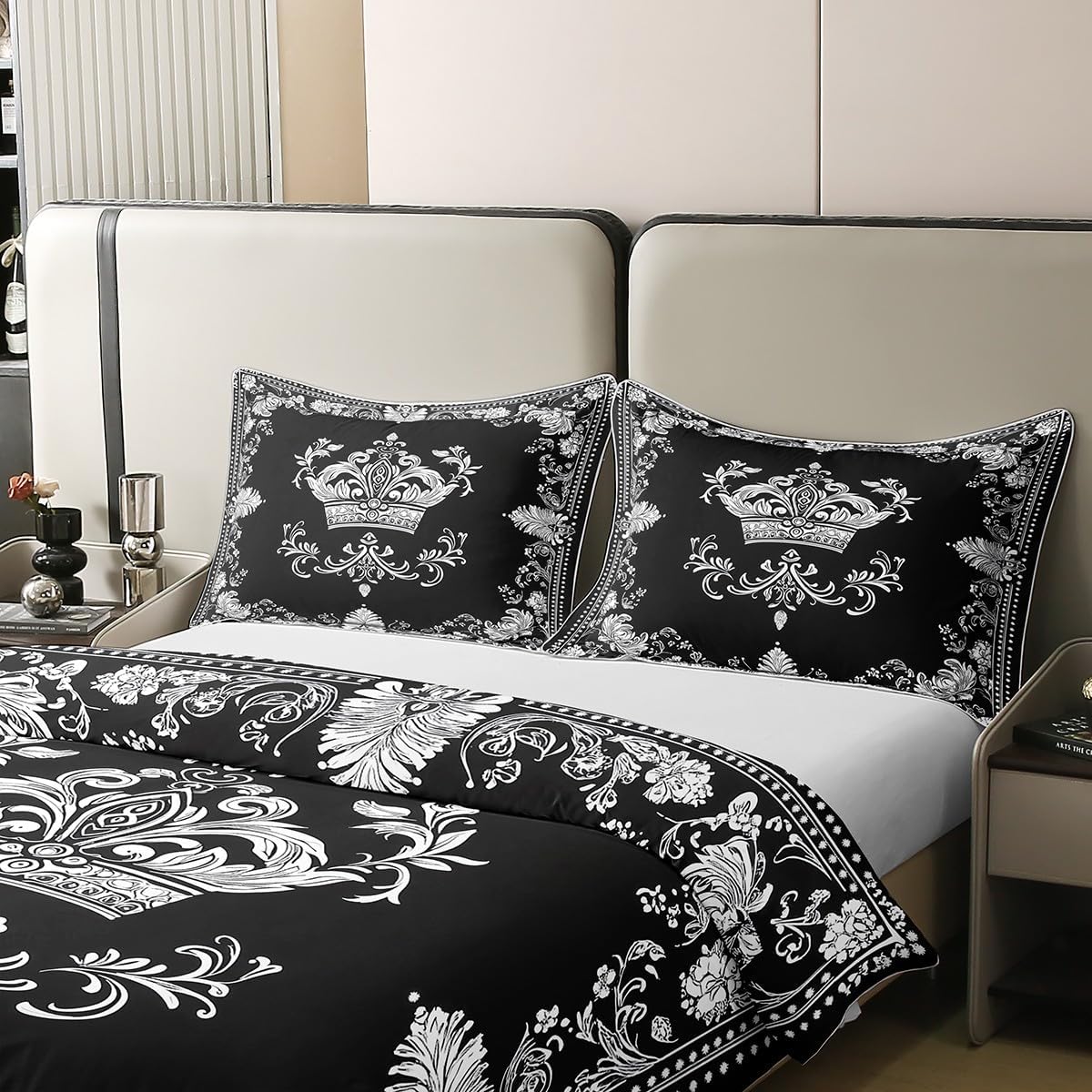 Castle Fairy White Damask 100% Cotton Duvet Cover Set Crown and Lace Floral Print Comforter Cover Set for Kids Bedroom Vintage Gothic Boho Plaid Black Bedding Comforter Cover Queen Size 3pcs