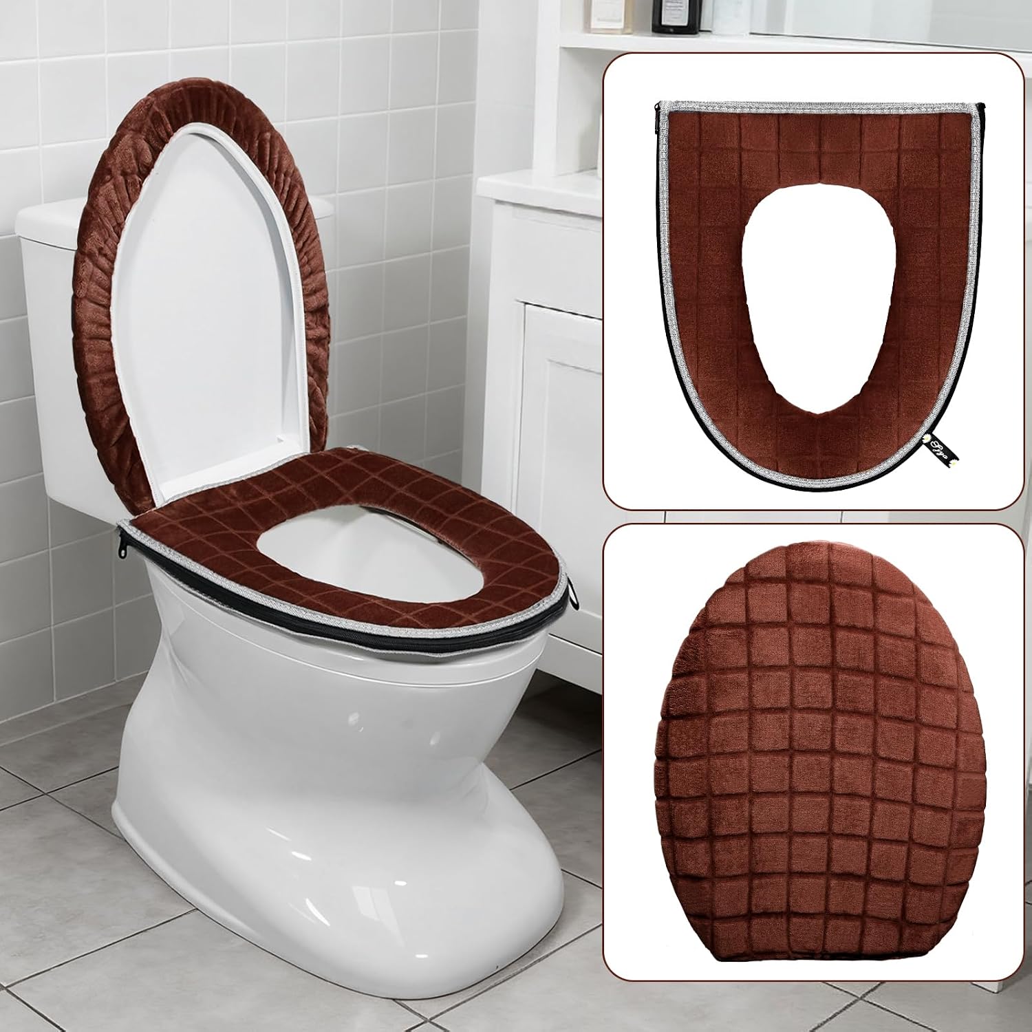 Toilet Seat Cover and Toilet Lid Cover Set, Soft Toilet Seat Cushion with Zipper Adjustable Rubber Backing Toilet Seat Warmer Bathroom Decor and Accessories, Coffee